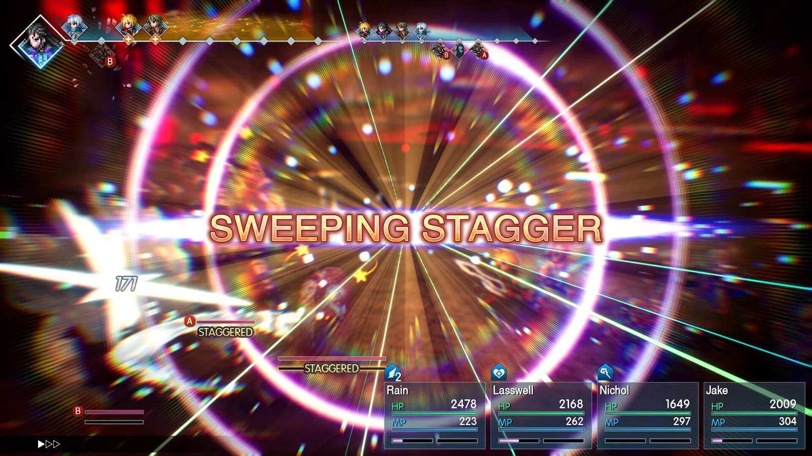 A sweeping stagger triggers in battle